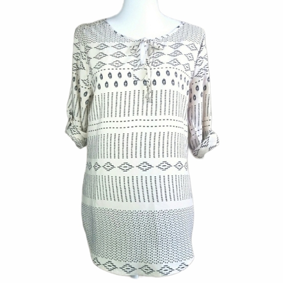 Antilia Femme tunic peasant blouse sz M Tan Beige Black Boho - Picture 1 of 8